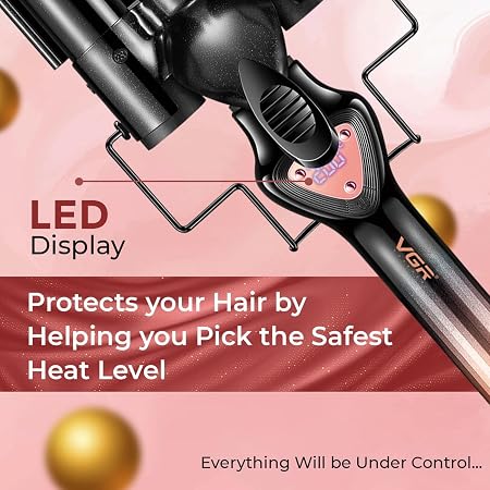 في جي ار مكواة تجعيد احترافية V-590 بـ3 اسطوانات، طلاء سيراميك لؤلؤي، شاشة LED، بحد اقصى 200 درجة مئوية، حماية من الايقاف التلقائي لمدة 30 دقيقة