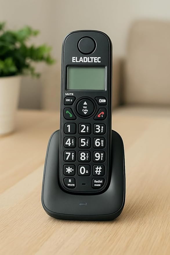 هاتف لاسلكي D1001 من ايلدل.تيك - شاشة LCD بثلاثة خطوط ومكبر صوت ومنبه ومكالمات وتسجيل المكالمات