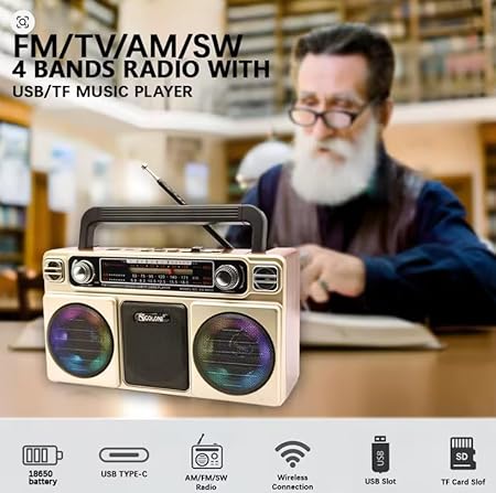 مكبر صوت بلوتوث محمول ريترو FM/AM/SW RX-880D مع بطارية 18650، USB، USB نوع C، بطاقة تي اف ستيريو تي اف تي دبليو اس