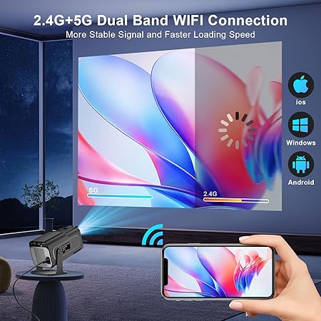 جهاز عرض ذكي 4K 1080P مع تطبيقات مدمجة، بلوتوث واي فاي، كيستون تلقائي، عرض قصير وقابل للتعديل 270° - صغير محمول للأفلام الخارجية HY320 HY300 (أسود)
