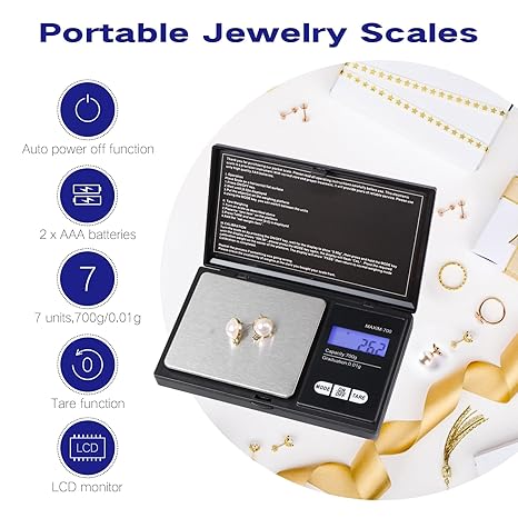مقياس دقيق 700 جرام بدقة 0.01 جرام، ميزان مجوهرات محمول، ميزان دقيق 0.01 جرام، جيب رقمي احترافي، مع شاشة LCD و7 وحدات