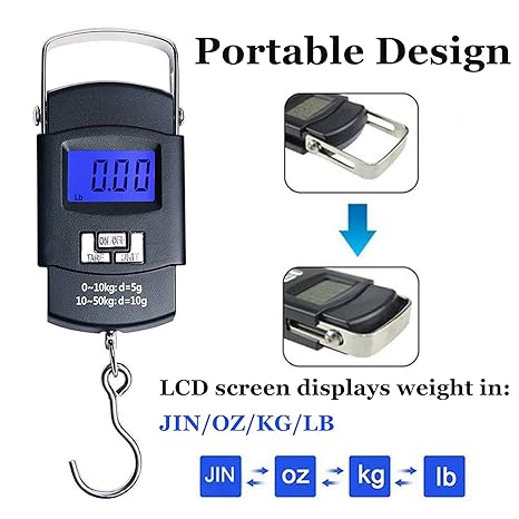 ميزان شنط امتعة وصيد رقمي الكتروني بخطاف وشاشة LCD ووظيفة حفظ البيانات وافراغ الوزن
