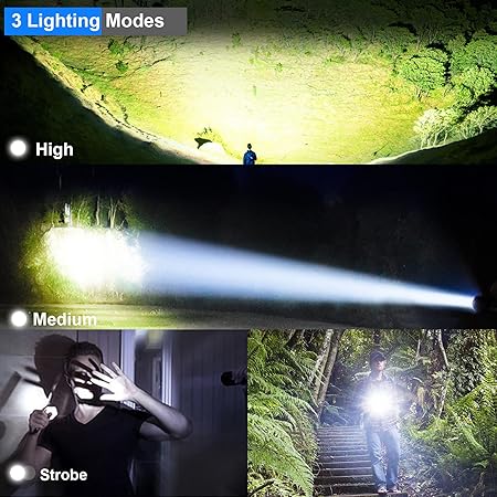 مصباح يدوي LED قابل لاعادة الشحن بسطوع عالي 90000 لومن مع 3 اوضاع قابلة للتكبير ومقاوم للماء بدرجة IPX5 محمول باليد للتخييم والصيد والطوارئ